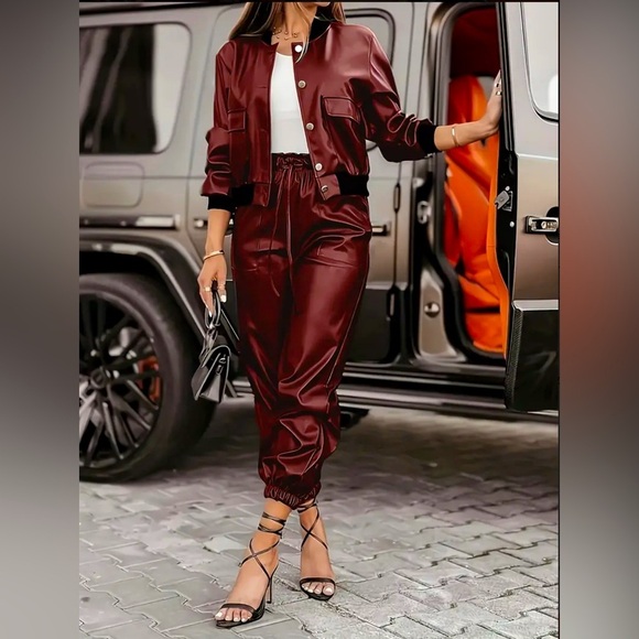 2 Piece: PU Leather Jacket w/Faux & Matching Drawstring Pants, NWOT - Picture 5 of 7